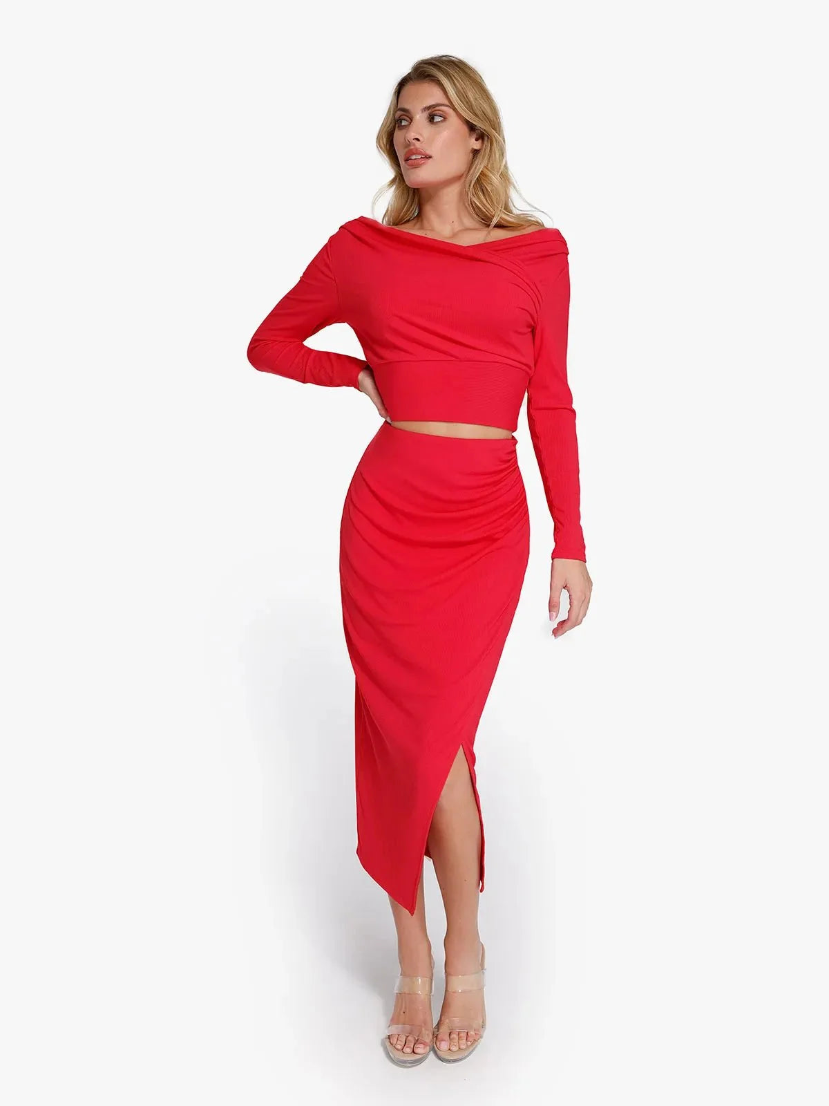Shapewear Rib Modal Off-the-Shoulder Top Sculpting Skirt Set
