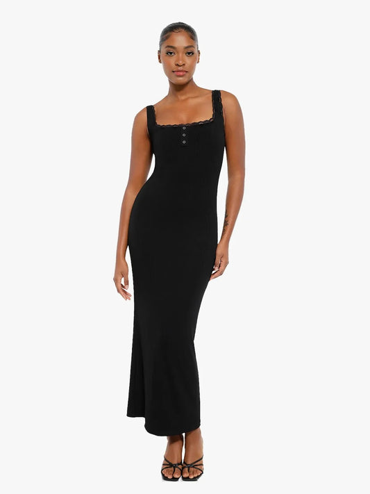 Shapewear Modal Lace Trim Henley Tank Slimming Maxi Dress