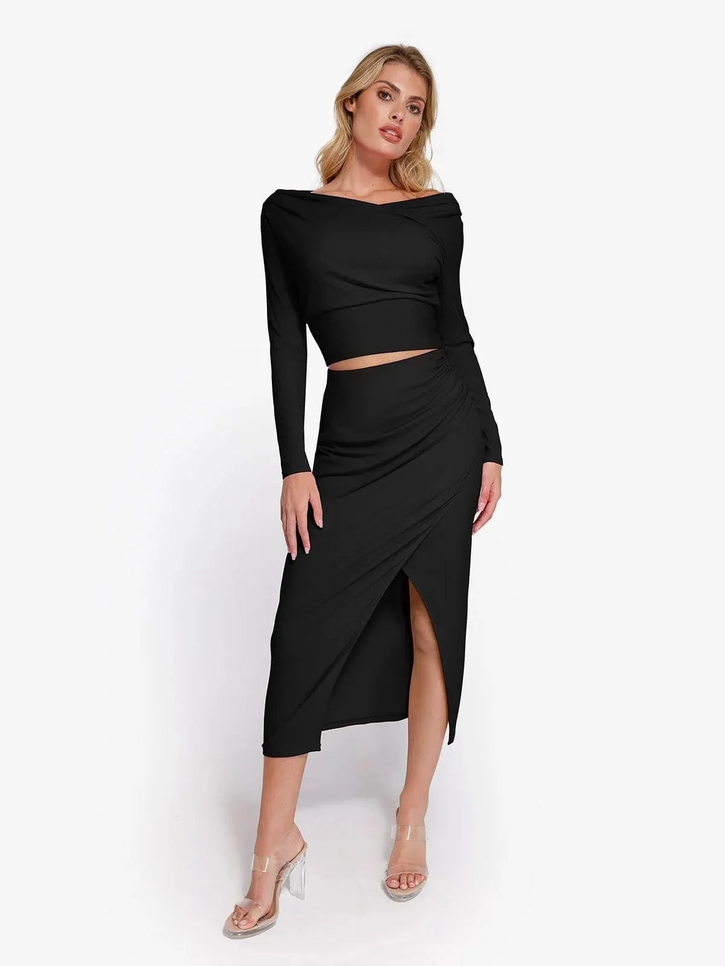 Shapewear Rib Modal Built In Sculpting Wrap Midi Skirt