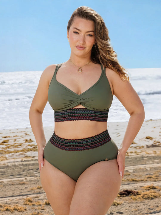 Boho Trim High Waist Tummy Control Bikini Set