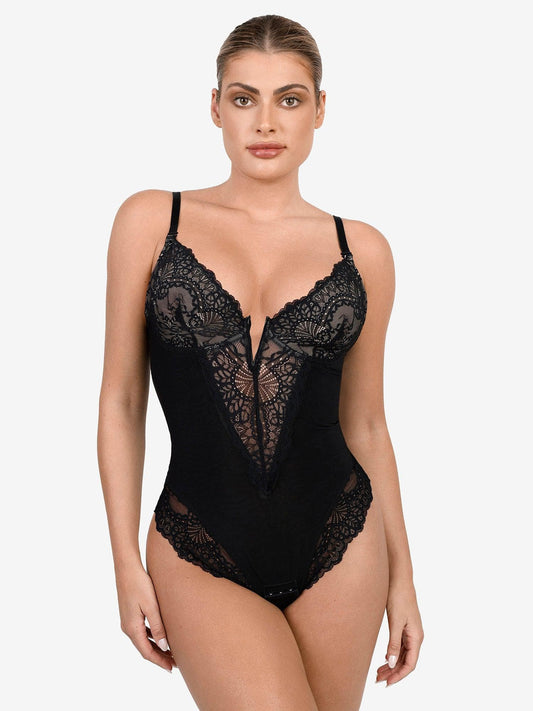 Shapewear Deep V-Neck Lace Sculpting Thong Bodysuit
