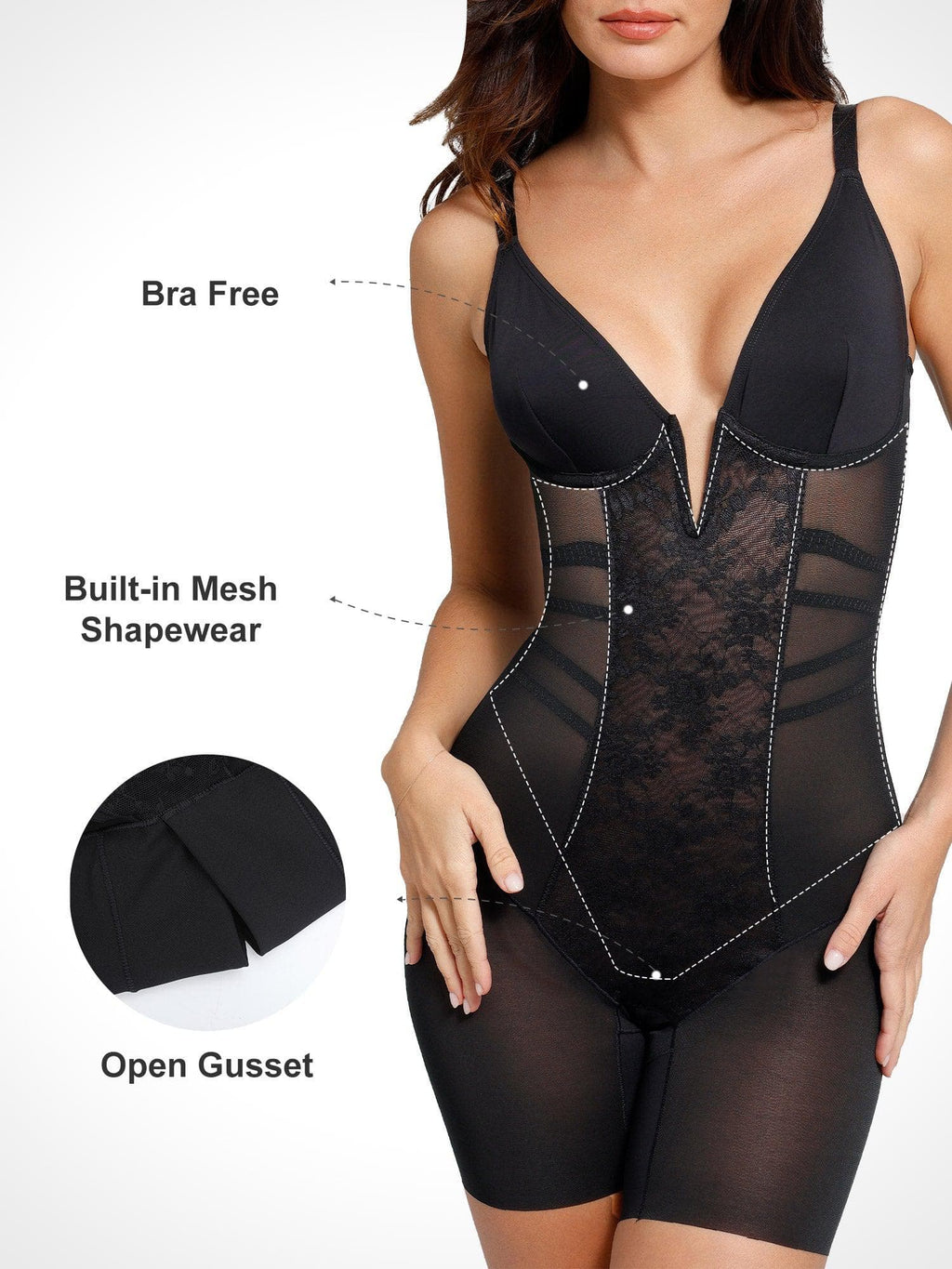 Shapewear Lace Deep V-Neck Tummy Control Mid-Thigh Bodysuit