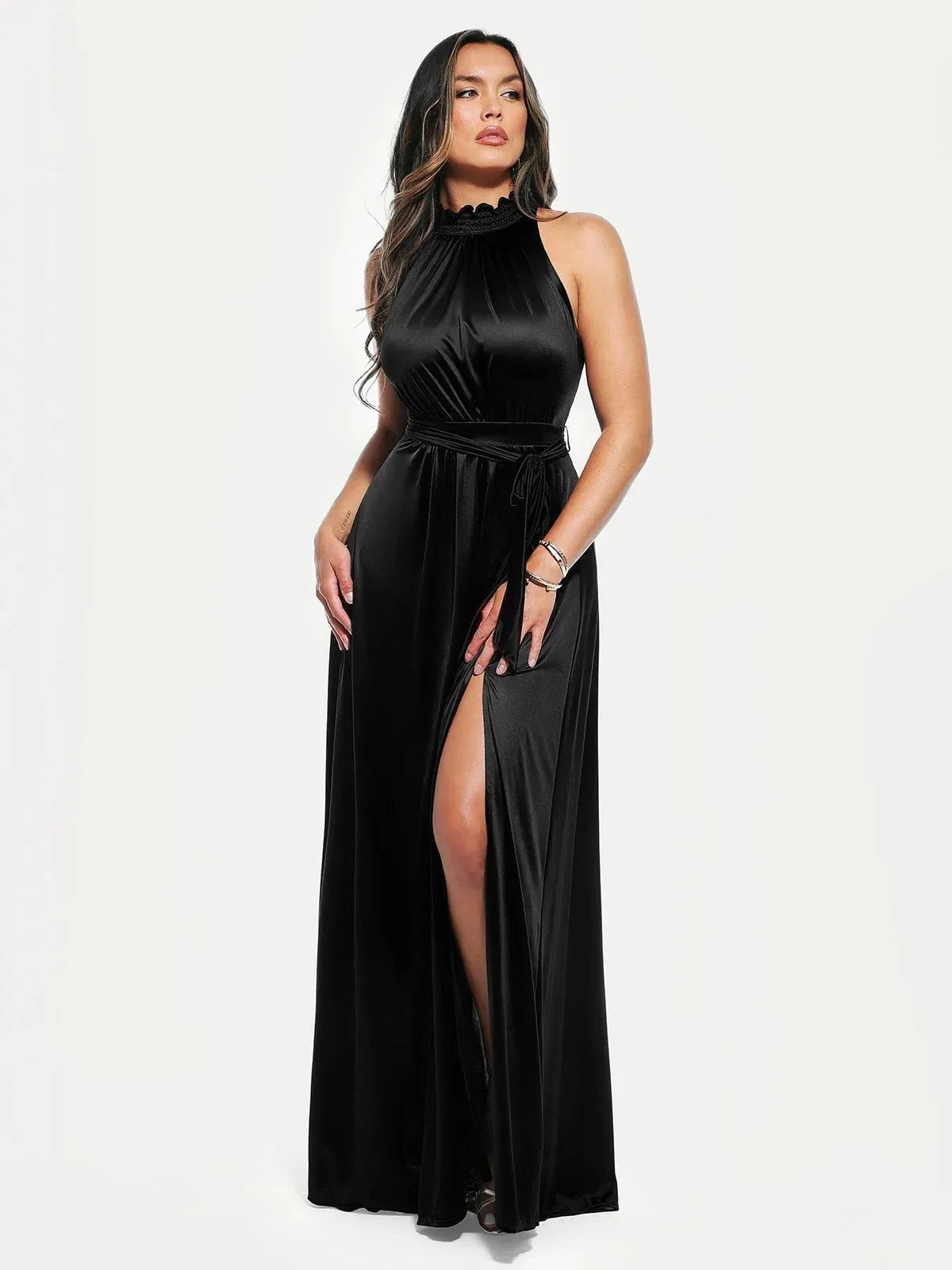 Draped High Neck Sculpting Floral-Print Maxi Dress