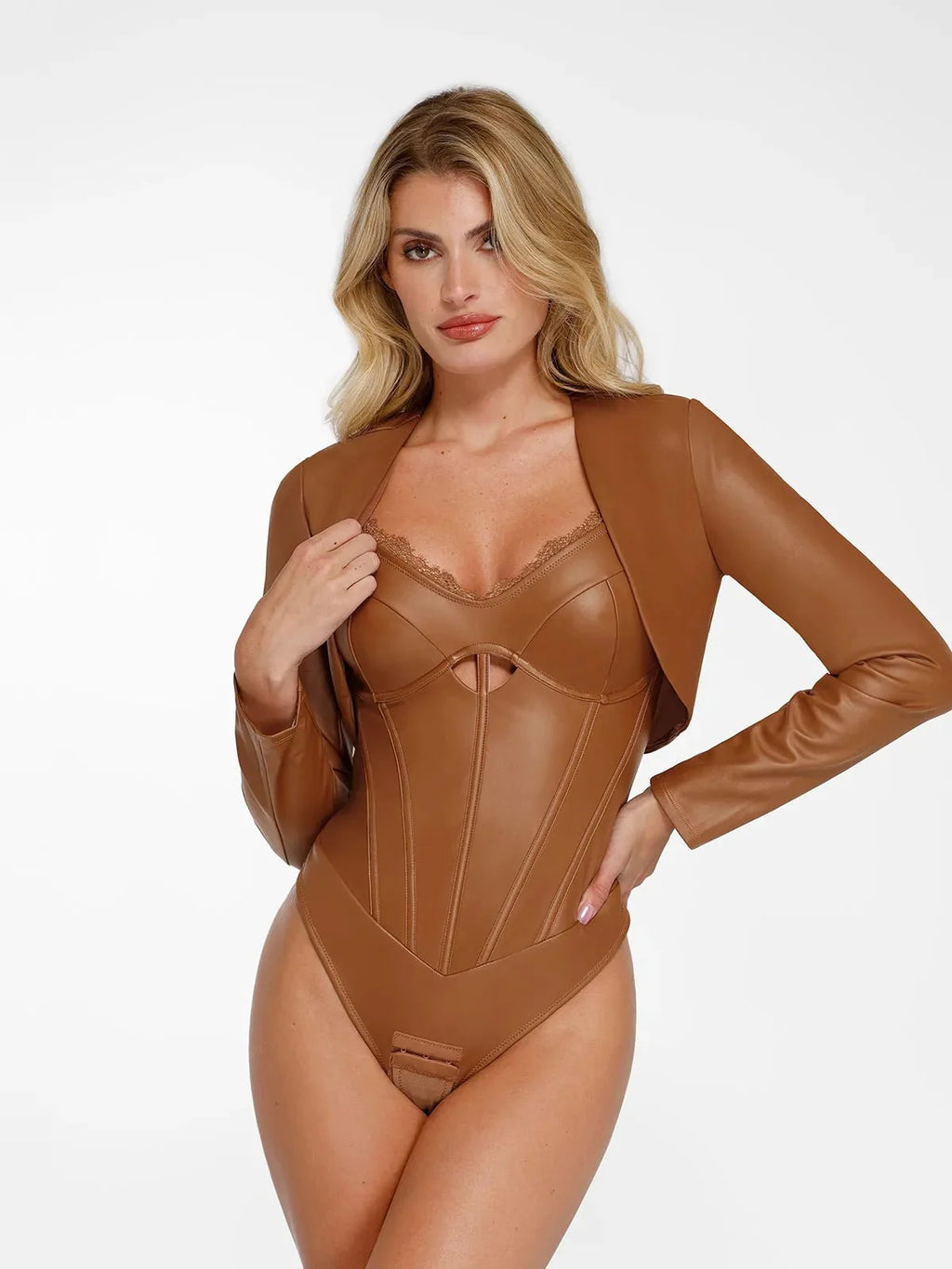 Faux Leather Long Sleeve Bolero Jacket