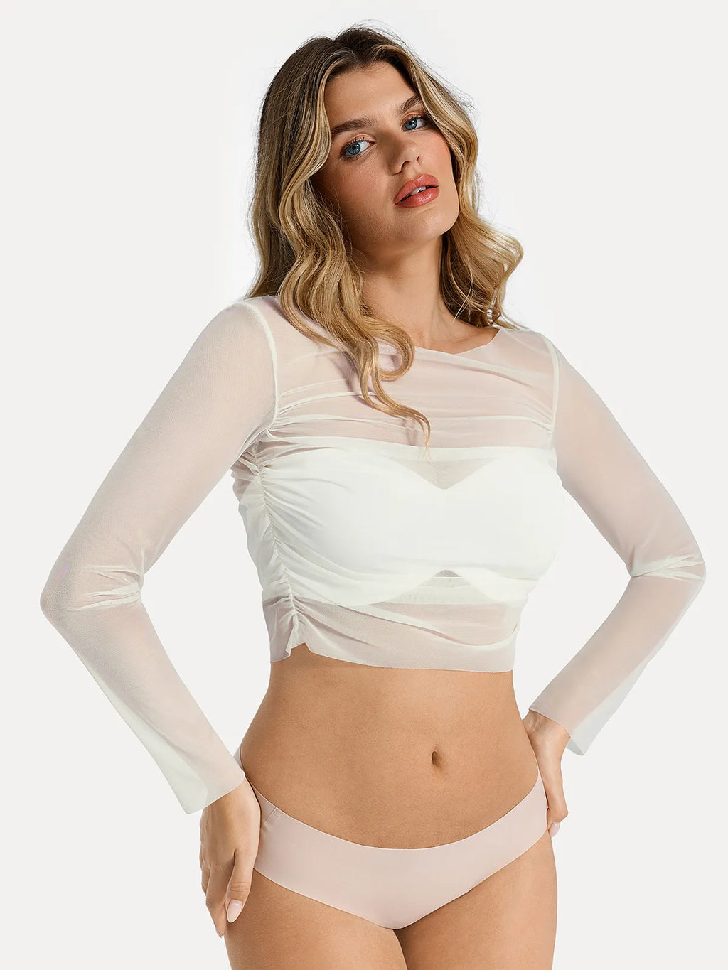 Long Sleeve Sheer Mesh Ruched Crop Top