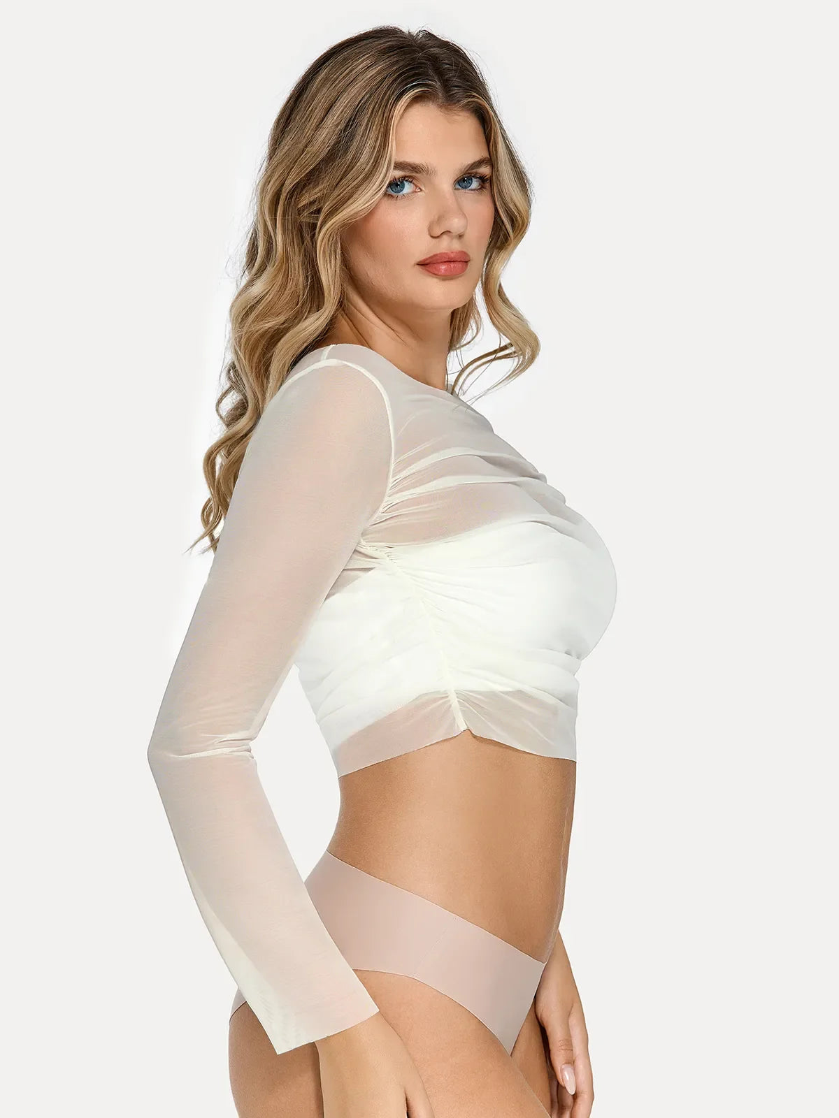 Long Sleeve Ruched Sheer Mesh Crop Top