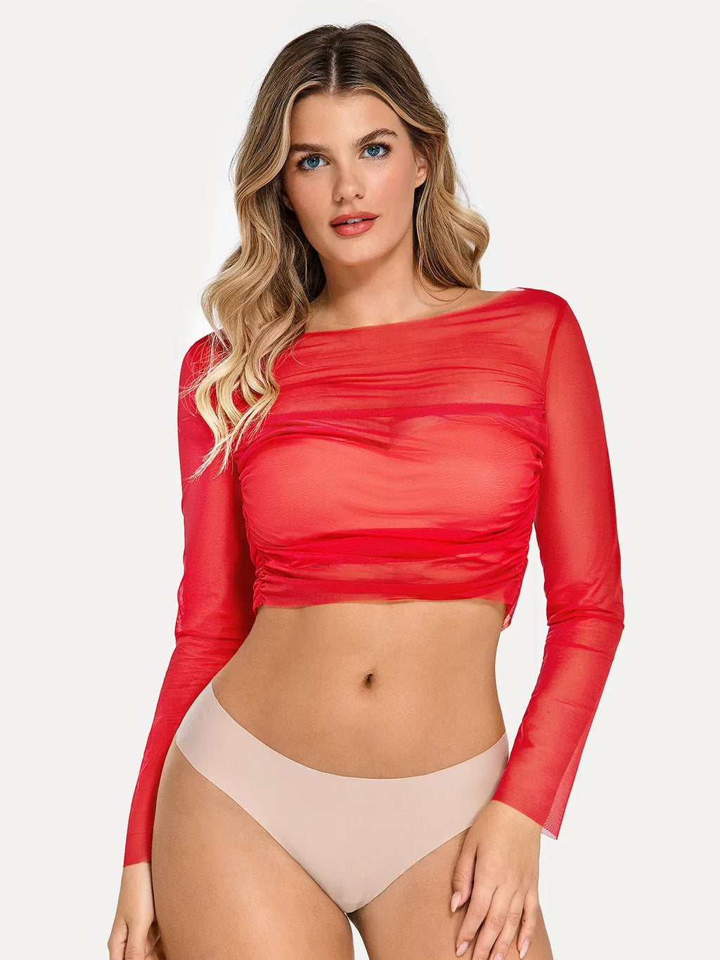 Long Sleeve Sheer Mesh Ruched Crop Top