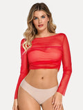Long Sleeve Sheer Mesh Ruched Crop Top