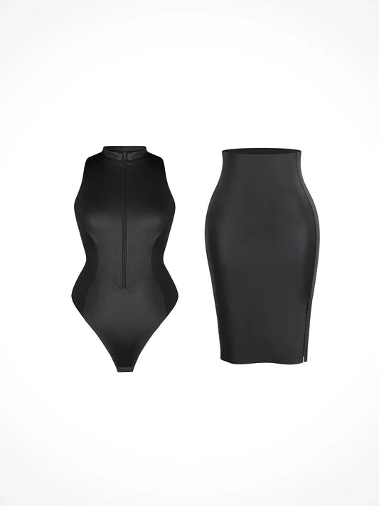 Shapewear Mock Neck Leather Sculpting Bodysuit Skirt Set