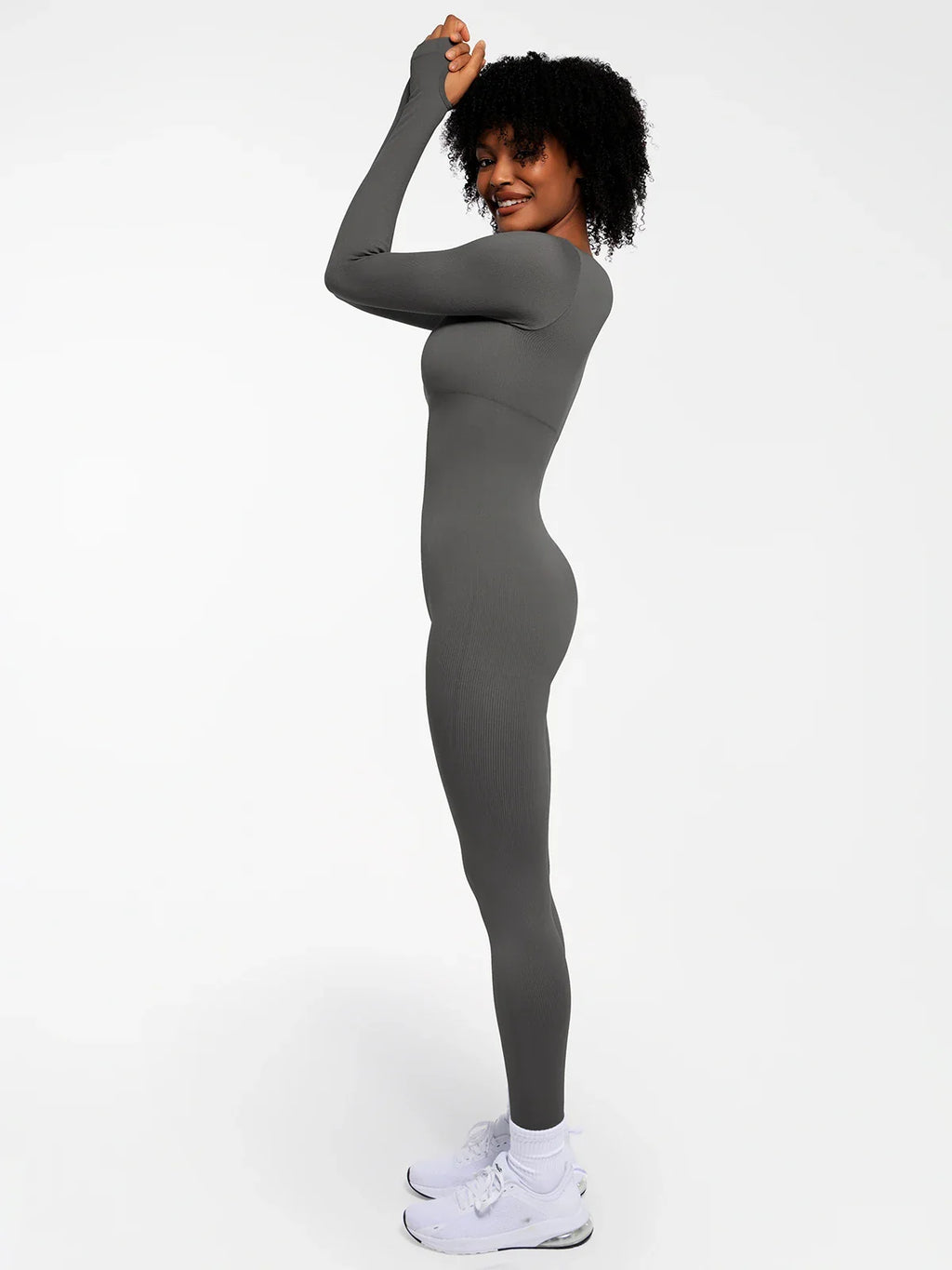 Popilush Ribbed U Neck Built-in Bra Tummy Control Jumpsuit