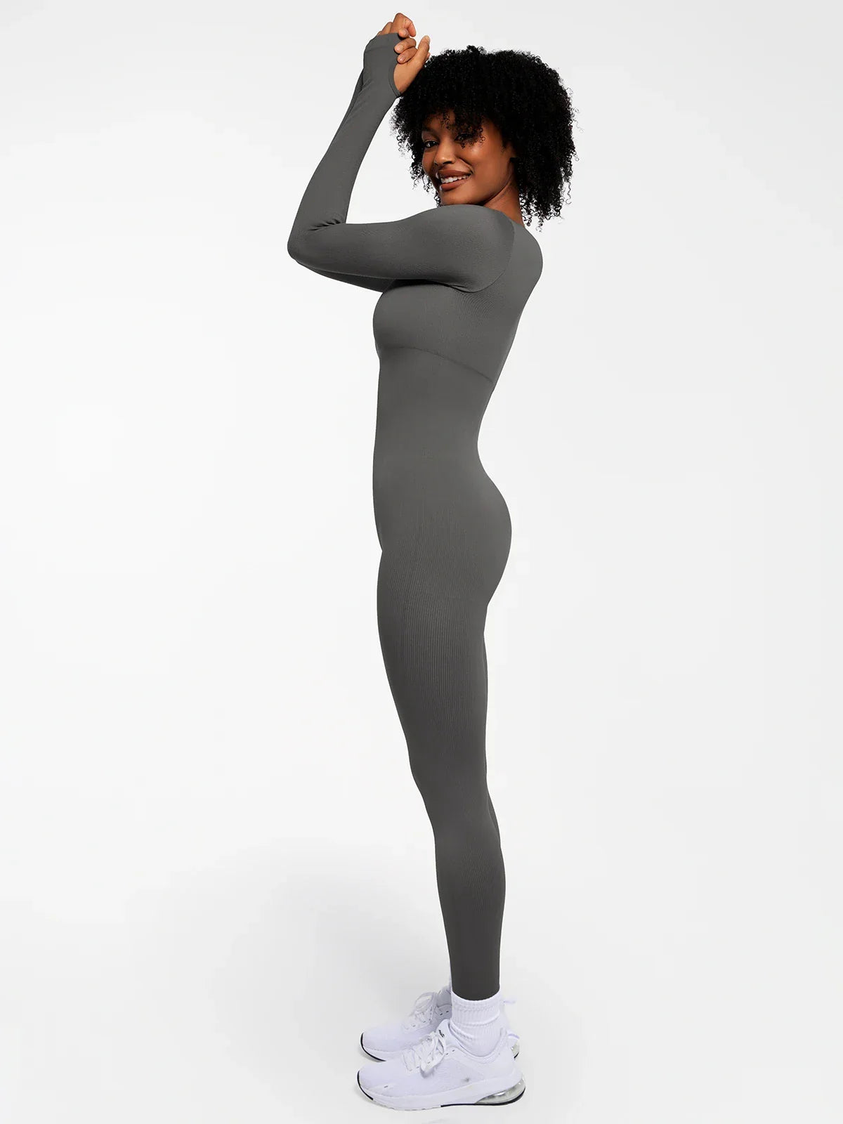 Popilush Ribbed U Neck Built-in Bra Tummy Control Jumpsuit