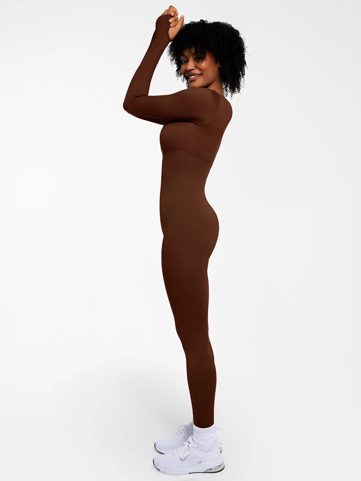 Popilush Ribbed U Neck Built-in Bra Tummy Control Jumpsuit