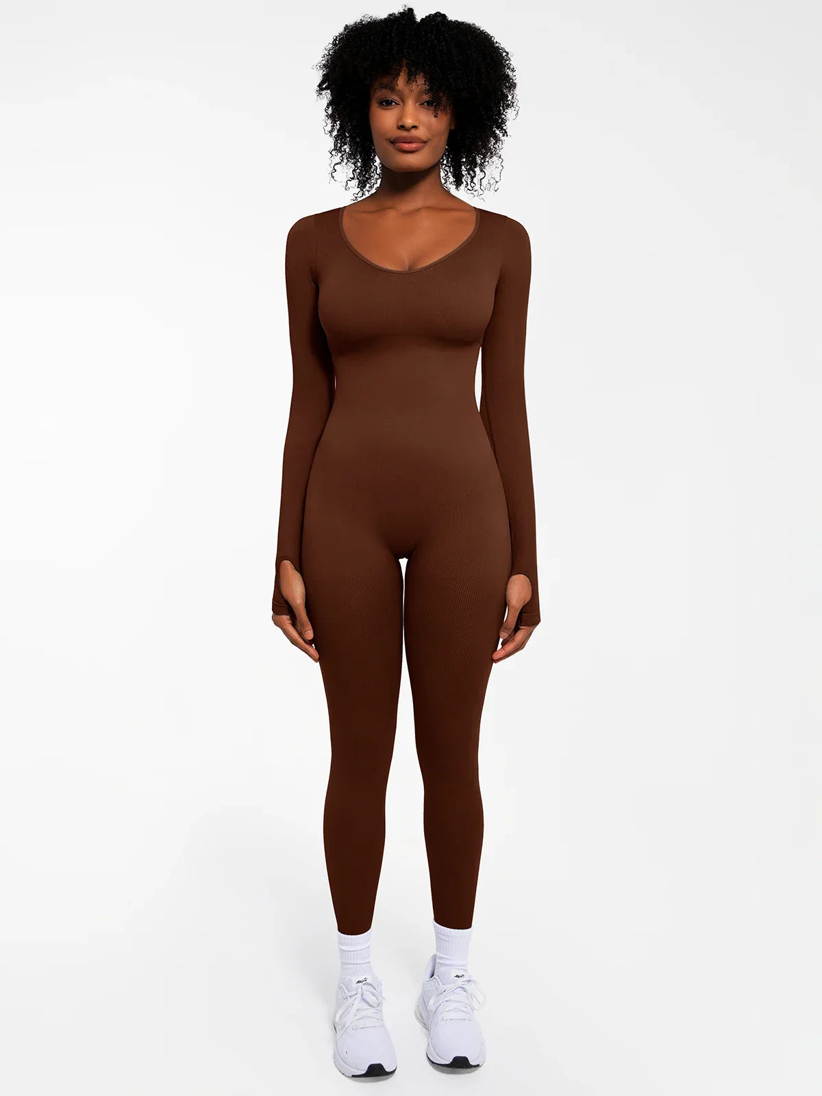 Popilush Ribbed U Neck Built-in Bra Tummy Control Jumpsuit