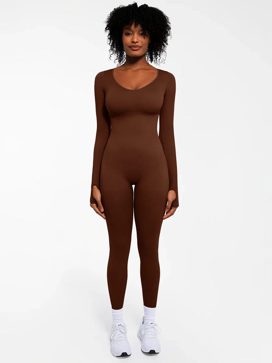 Popilush Ribbed U Neck Built-in Bra Tummy Control Jumpsuit