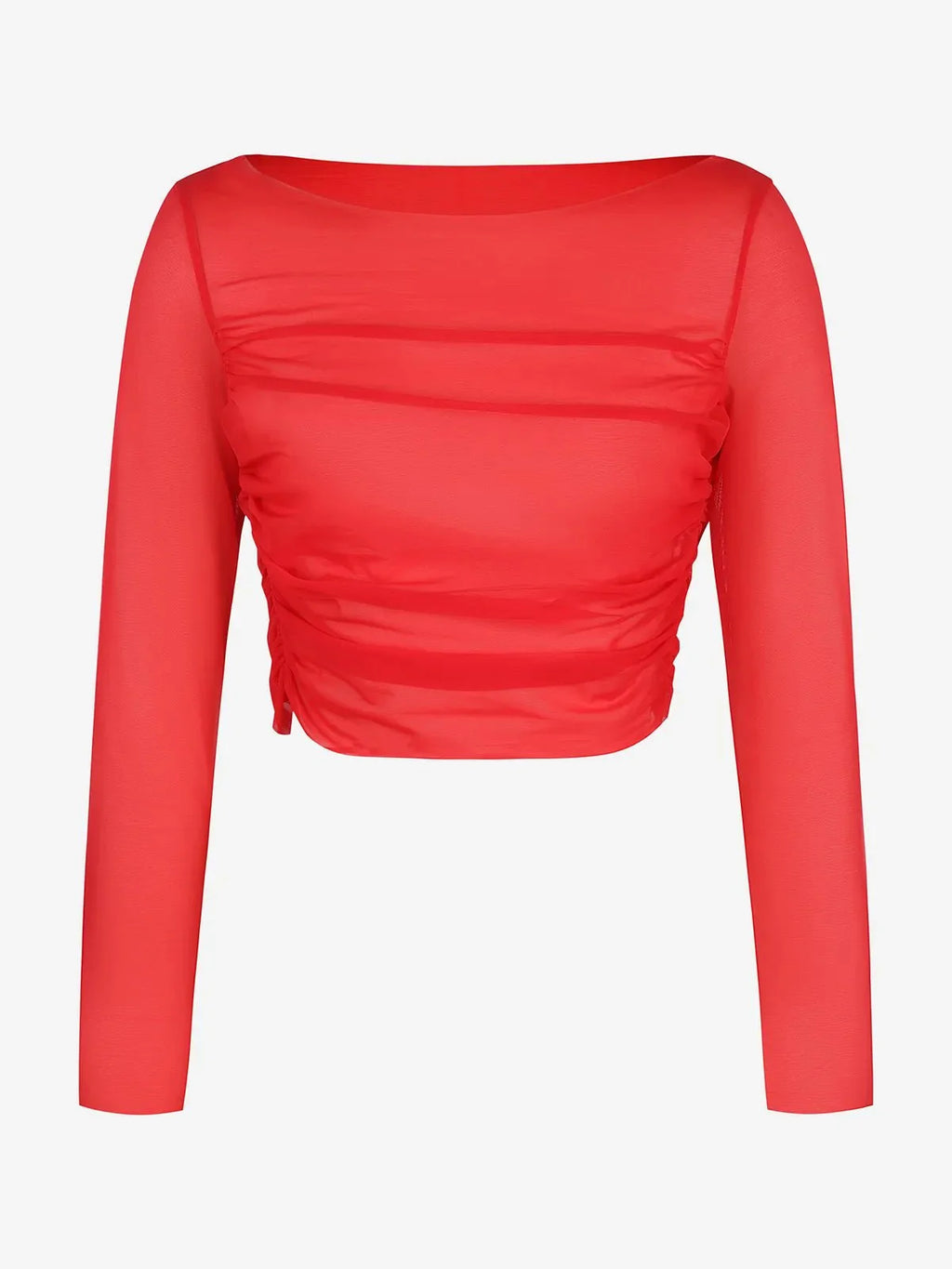 Long Sleeve Sheer Mesh Ruched Crop Top