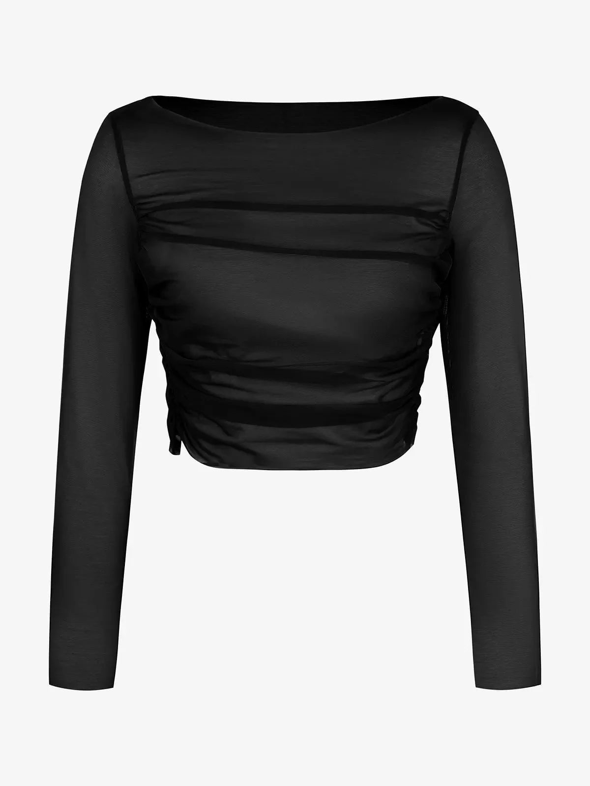 Long Sleeve Ruched Sheer Mesh Crop Top