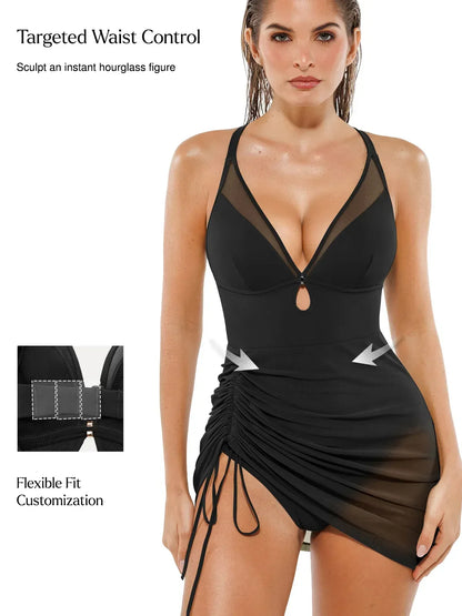 Sculpting Curve Mesh Skirt One-Piece Swimsuit