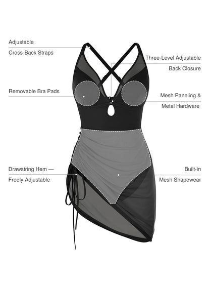 Sculpting Curve Mesh Skirt One-Piece Swimsuit