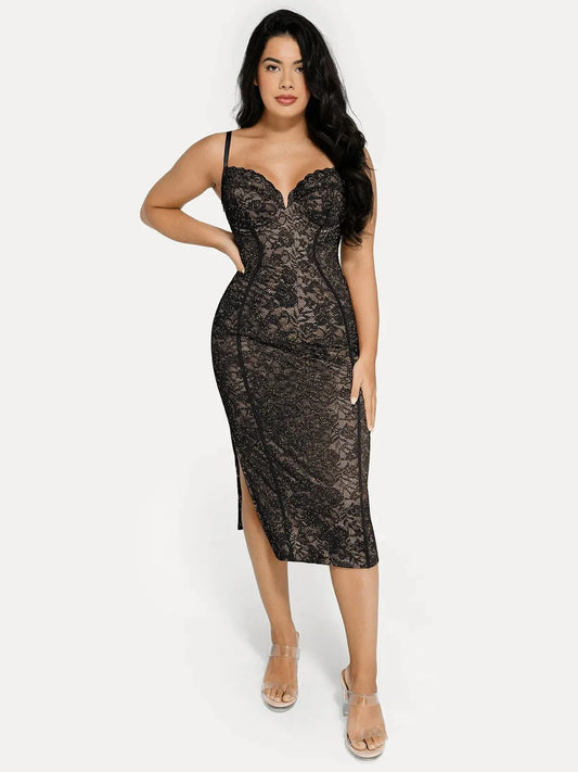 Shapewear All-Lace Hourglass Corset Side Slit Midi Dress