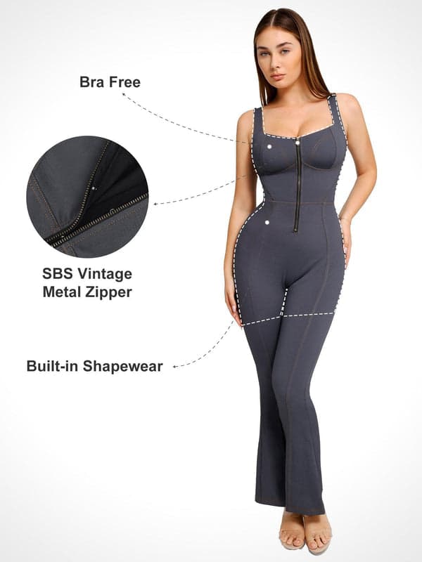 Shapewear Denim Short Sleeve Zip Front Butt Lift Jumpsuit