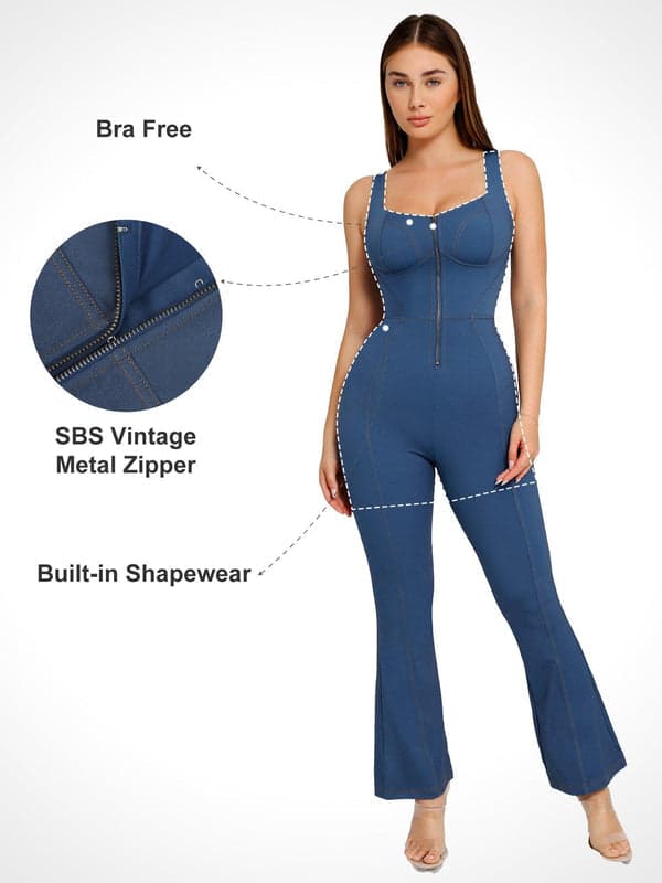 Shapewear Denim Short Sleeve Zip Front Butt Lift Jumpsuit