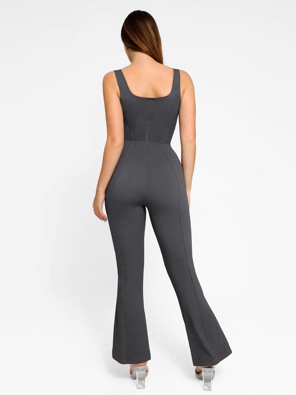 Shapewear Denim Short Sleeve Zip Front Butt Lift Jumpsuit