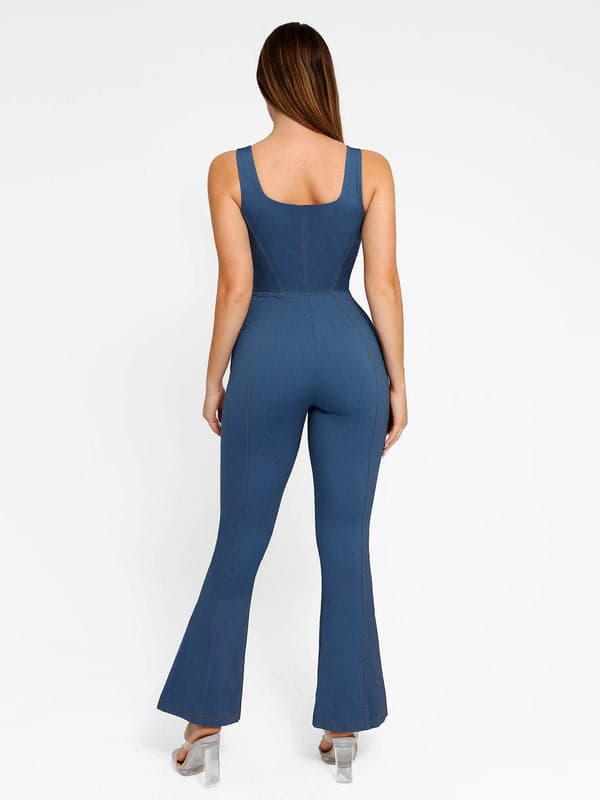 Shapewear Denim Short Sleeve Zip Front Butt Lift Jumpsuit