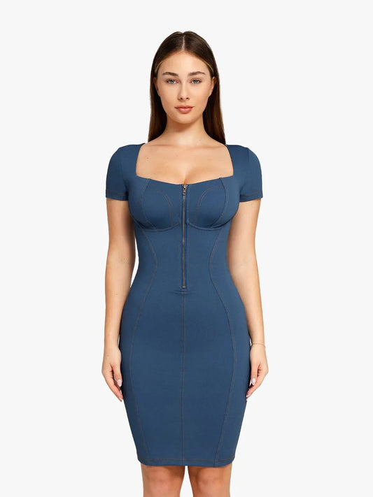 Shapewear Square Neck Denim Tummy Control Midi Dress