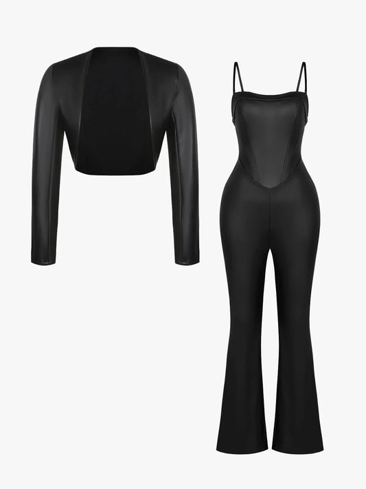 Shapewear Faux Leather Corset Jumpsuit Set