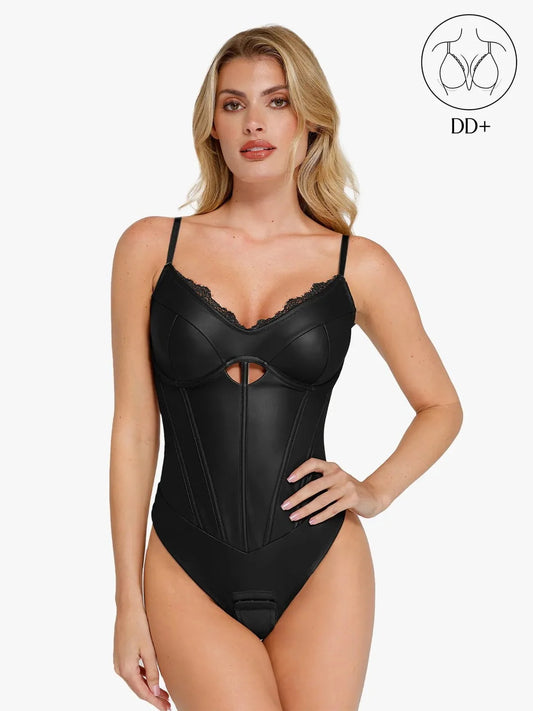 Shapewear Faux Leather Hourglass Cutout Corset Bodysuit