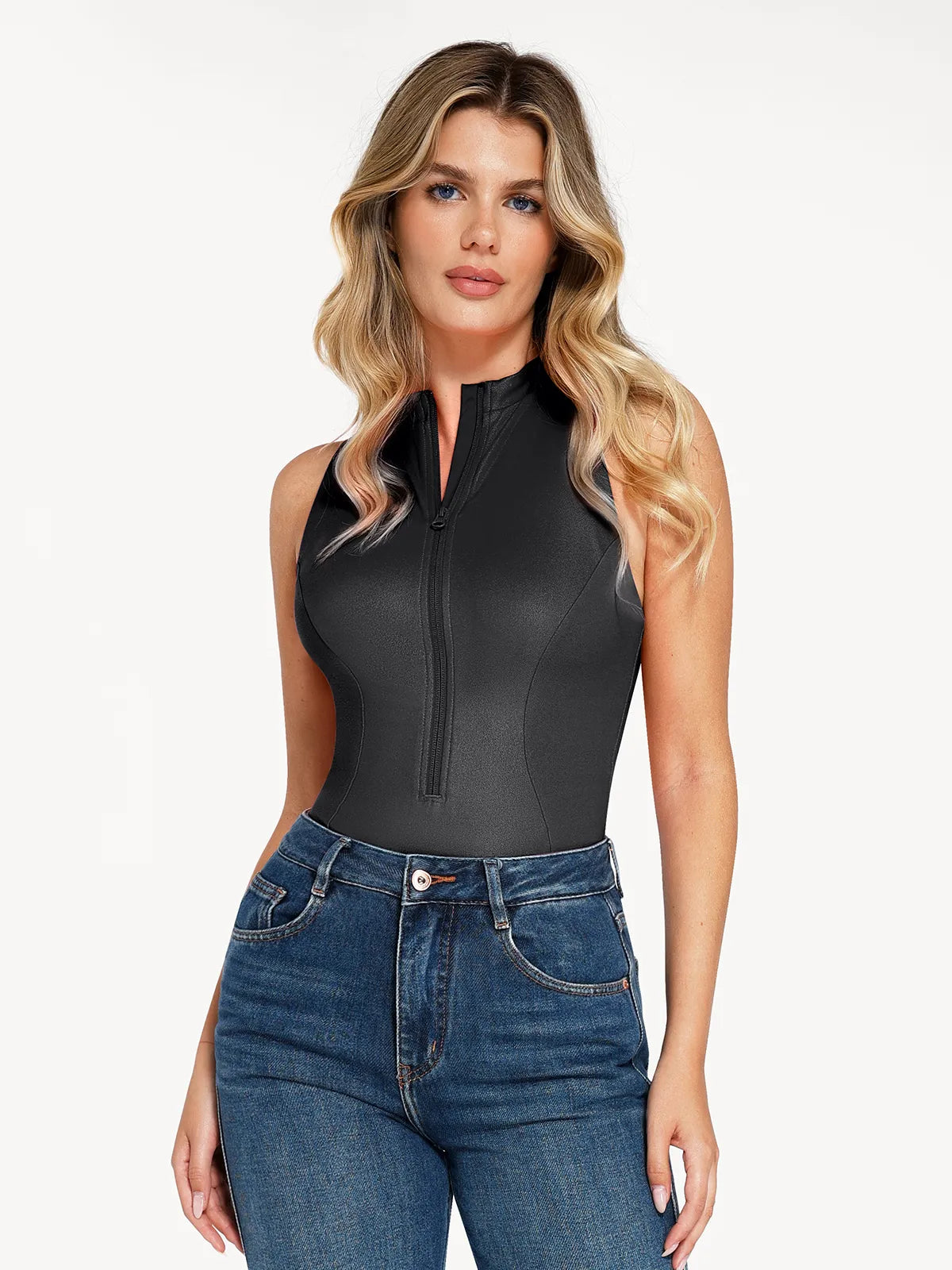 Shapewear Faux Leather Mock Neck Zip Front Sculpting Bodysuit