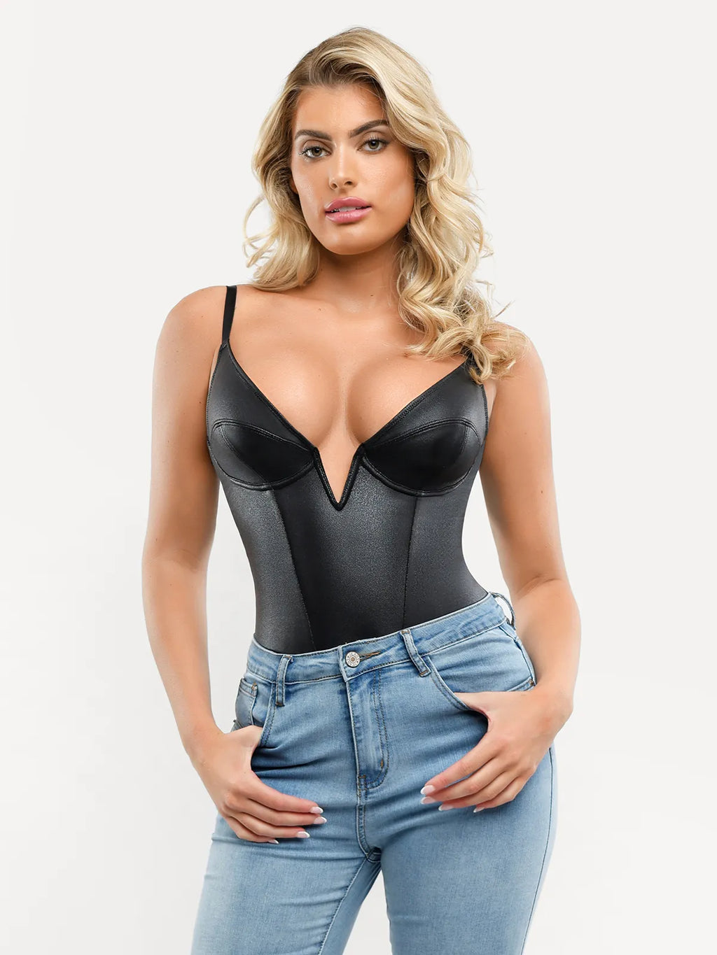 Shapewear Plunging V Faux Leather Sculpting Corset Bodysuit