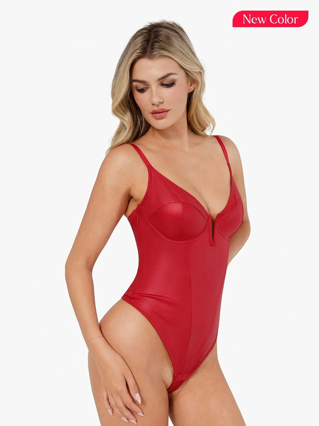 Shapewear Plunging V Faux Leather Sculpting Corset Bodysuit