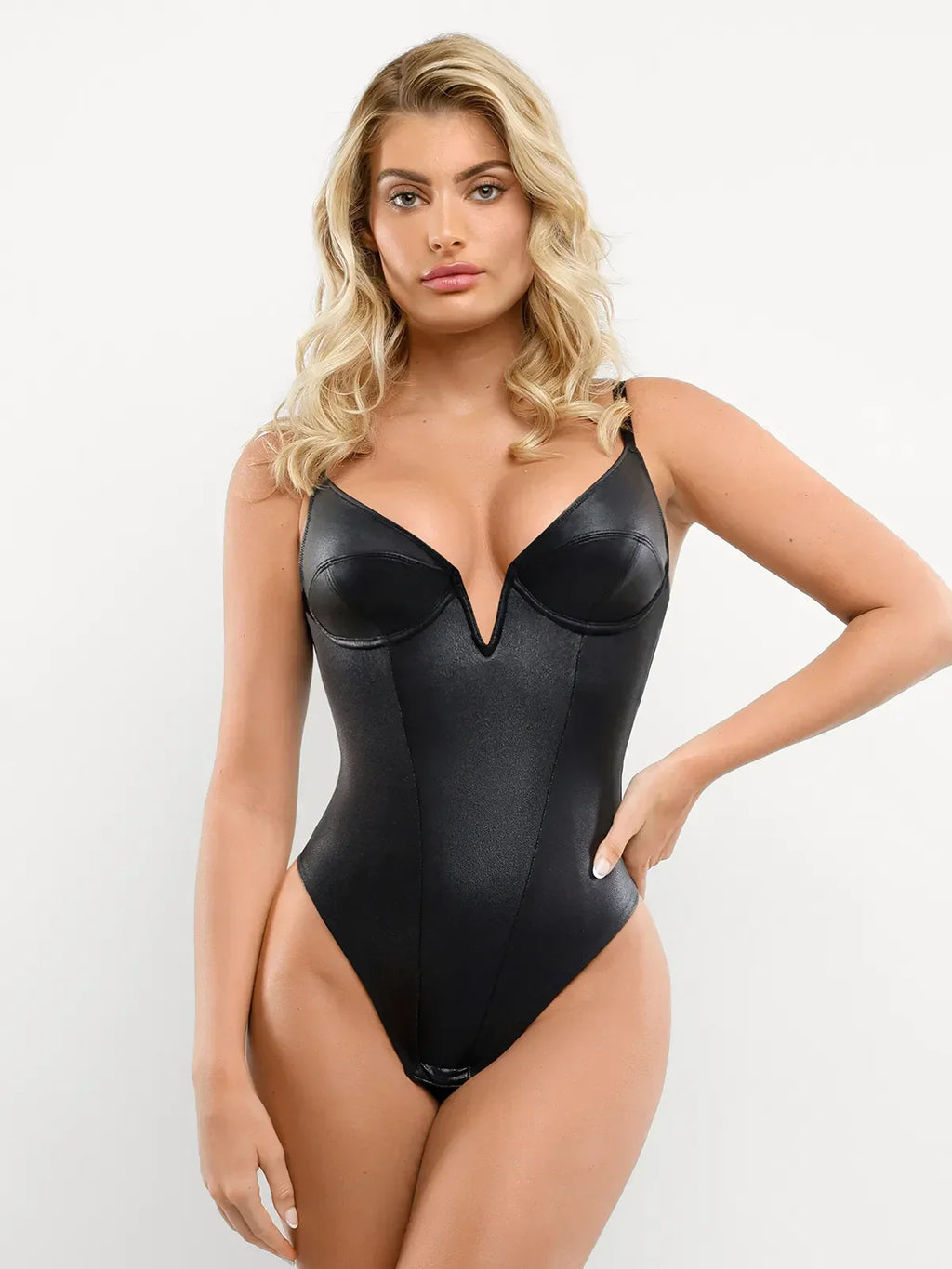 Shapewear Plunging V Faux Leather Sculpting Corset Bodysuit