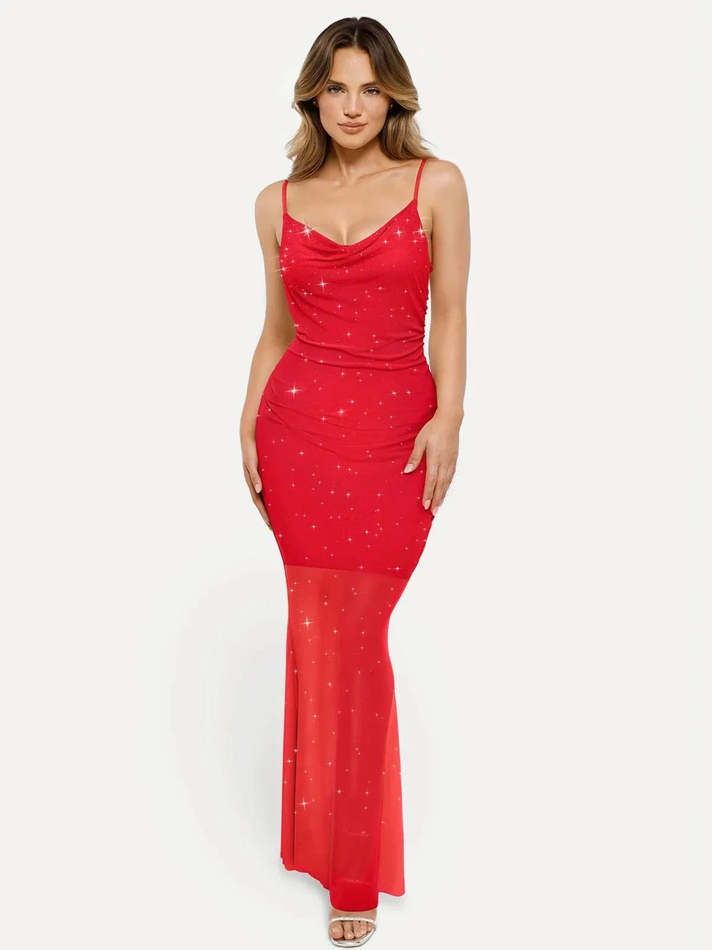 Shapewear Heat-Set Crystal Mesh Slimming Slip Maxi Dress