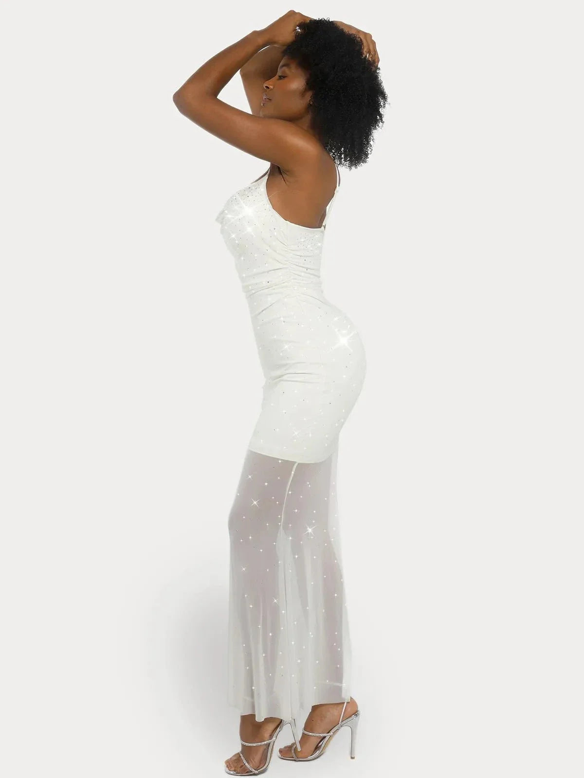 Shapewear Heat-Set Crystal Mesh Slimming Slip Maxi Dress