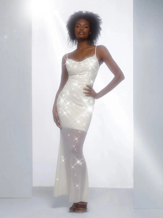 Shapewear Heat-Set Crystal Mesh Slimming Slip Maxi Dress