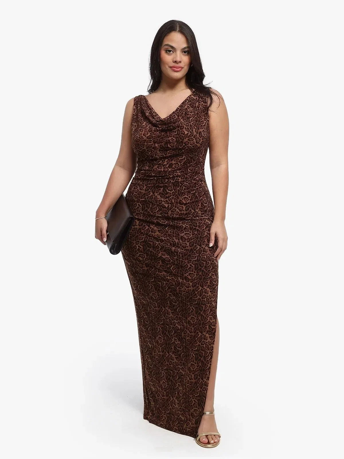 Shapewear Leopard Ruched Cowl Neck Sculpting Maxi Dress