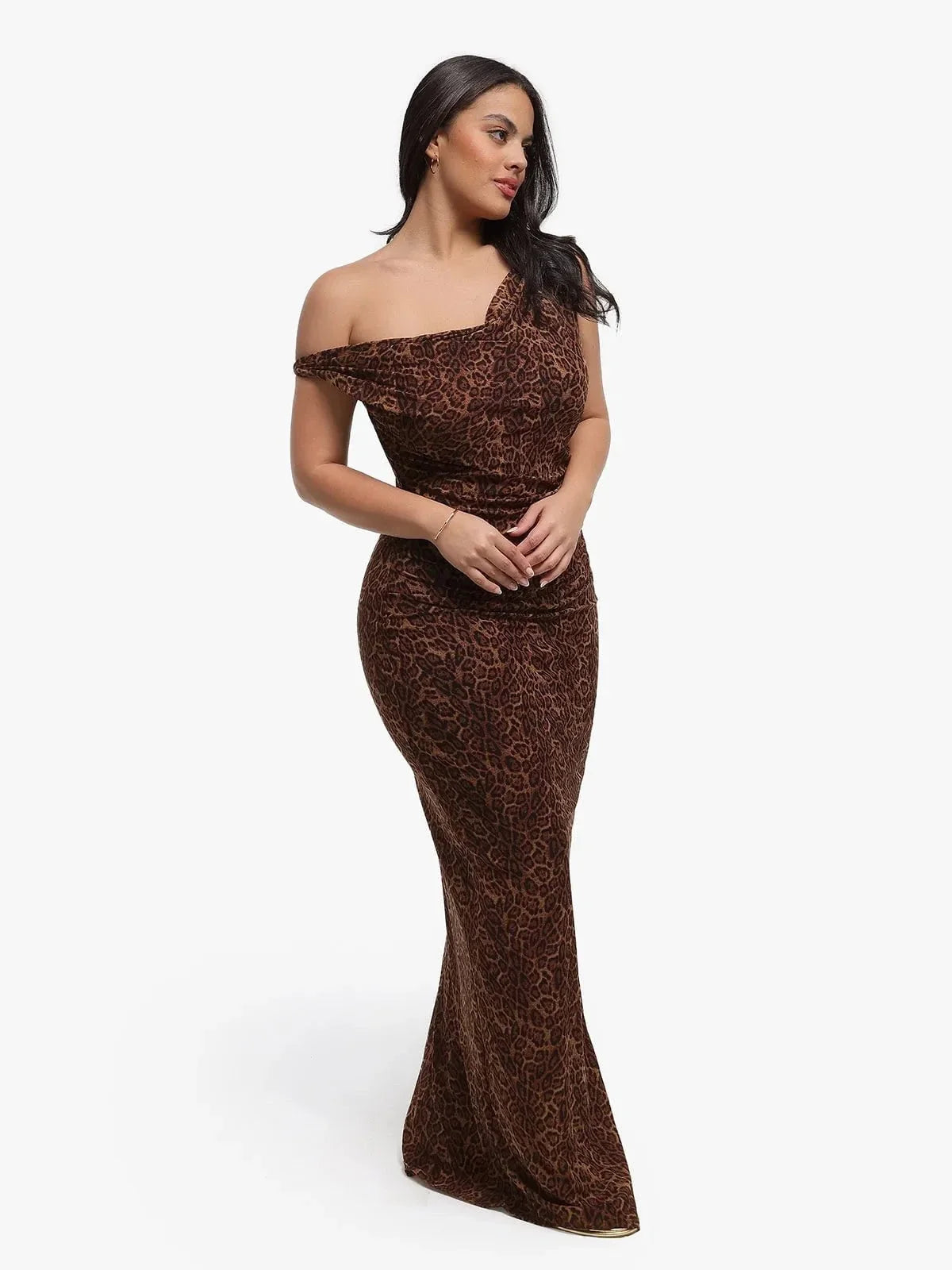 Shapewear Leopard Ruched Cowl Neck Sculpting Maxi Dress