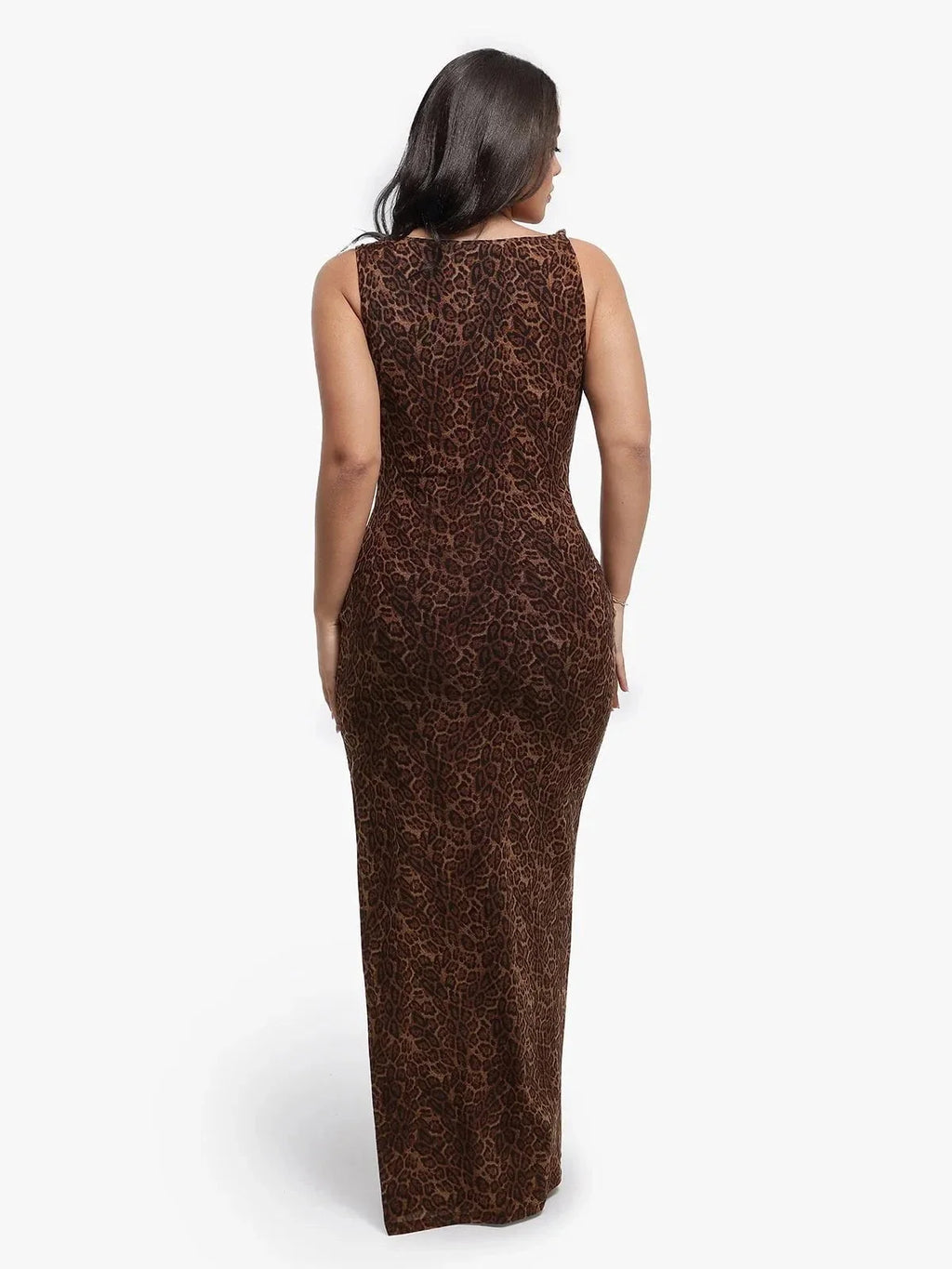 Shapewear Leopard Ruched Cowl Neck Sculpting Maxi Dress