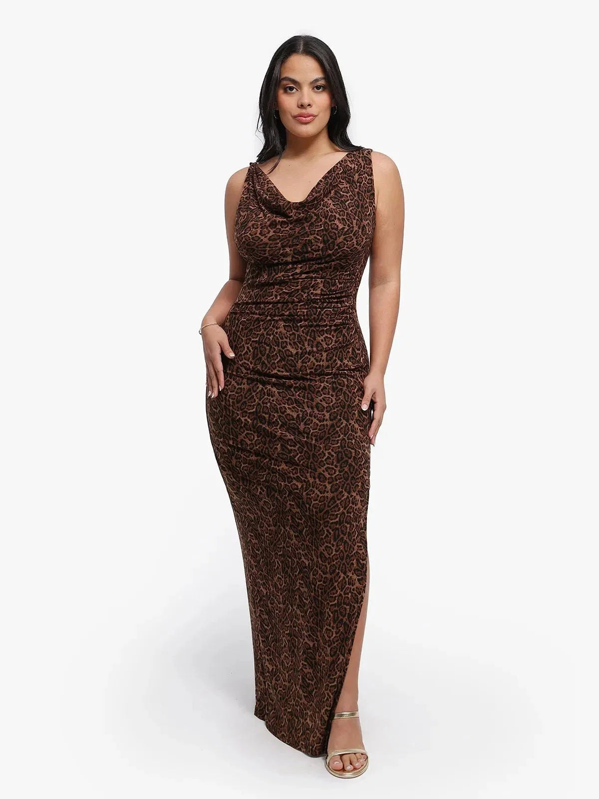 Shapewear Leopard Ruched Cowl Neck Sculpting Maxi Dress