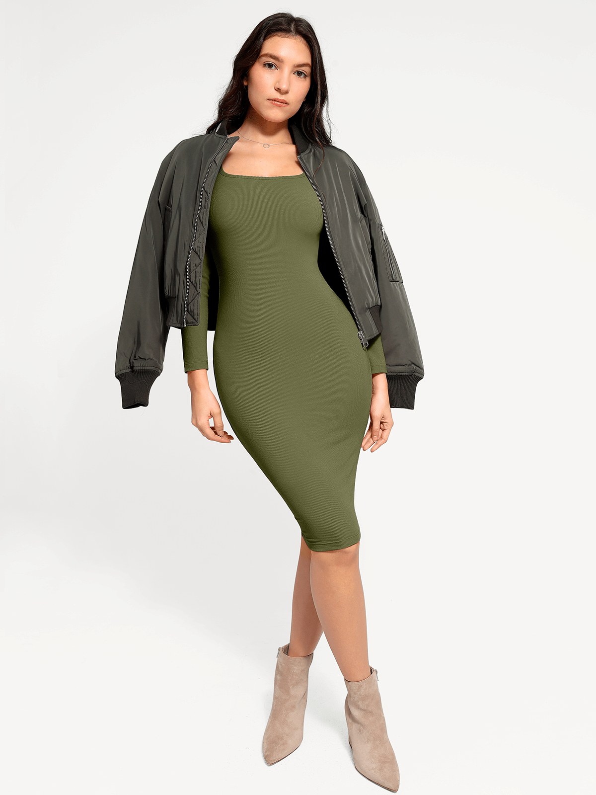 Shapewear Square Neck Long Sleeve Modal Slimming Midi Dress