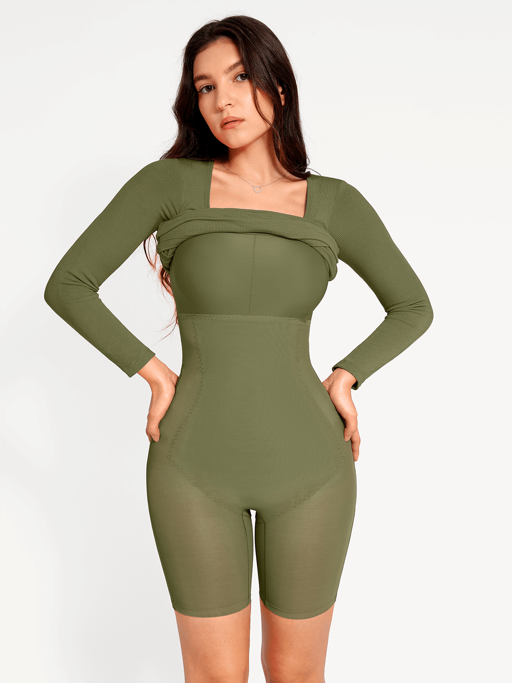 Shapewear Square Neck Long Sleeve Modal Slimming Midi Dress