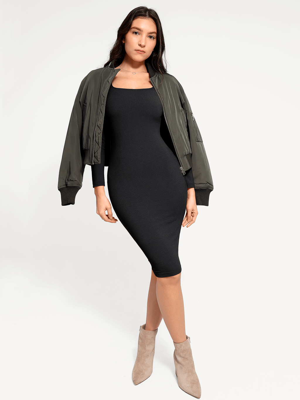 Shapewear Square Neck Long Sleeve Modal Slimming Midi Dress