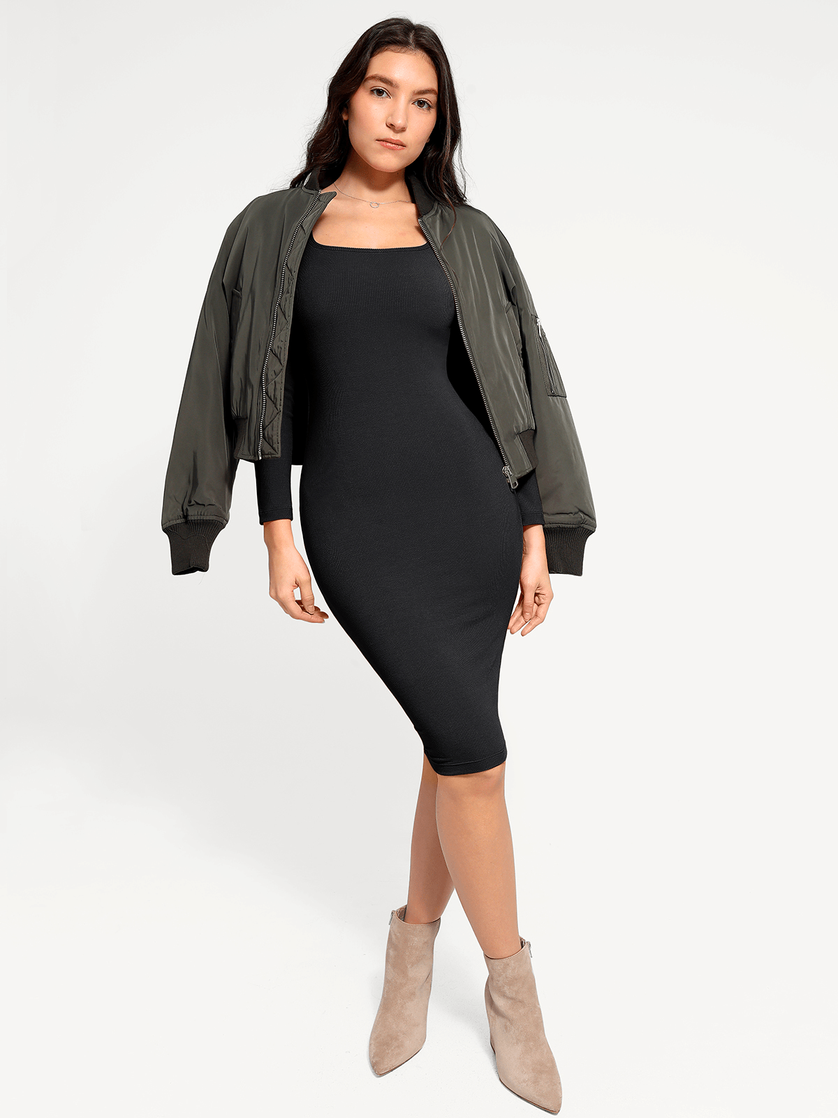 Shapewear Square Neck Long Sleeve Modal Slimming Midi Dress