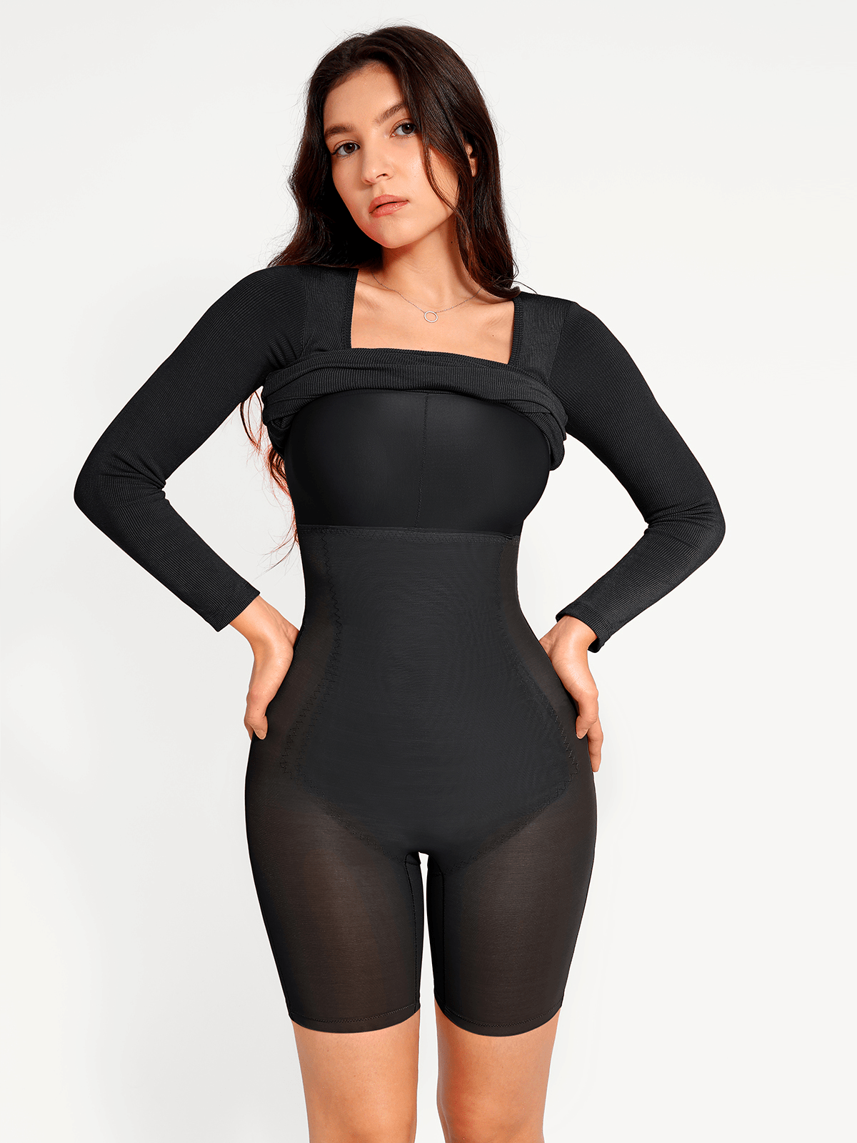 Shapewear Square Neck Long Sleeve Modal Slimming Midi Dress