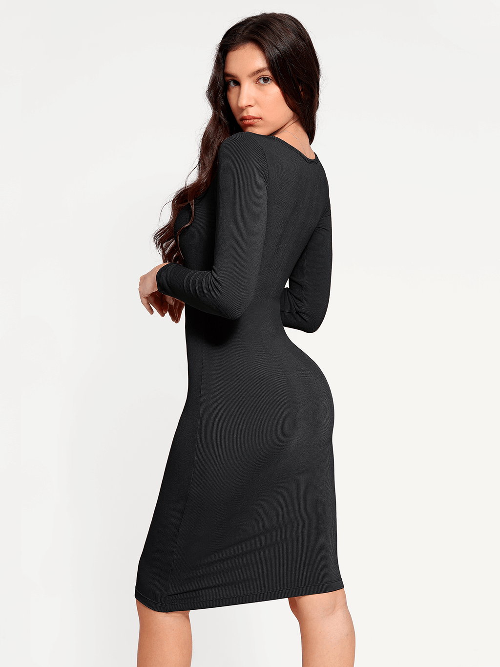 Shapewear Square Neck Long Sleeve Modal Slimming Midi Dress