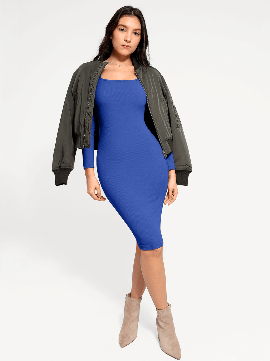 Shapewear Square Neck Long Sleeve Modal Slimming Midi Dress