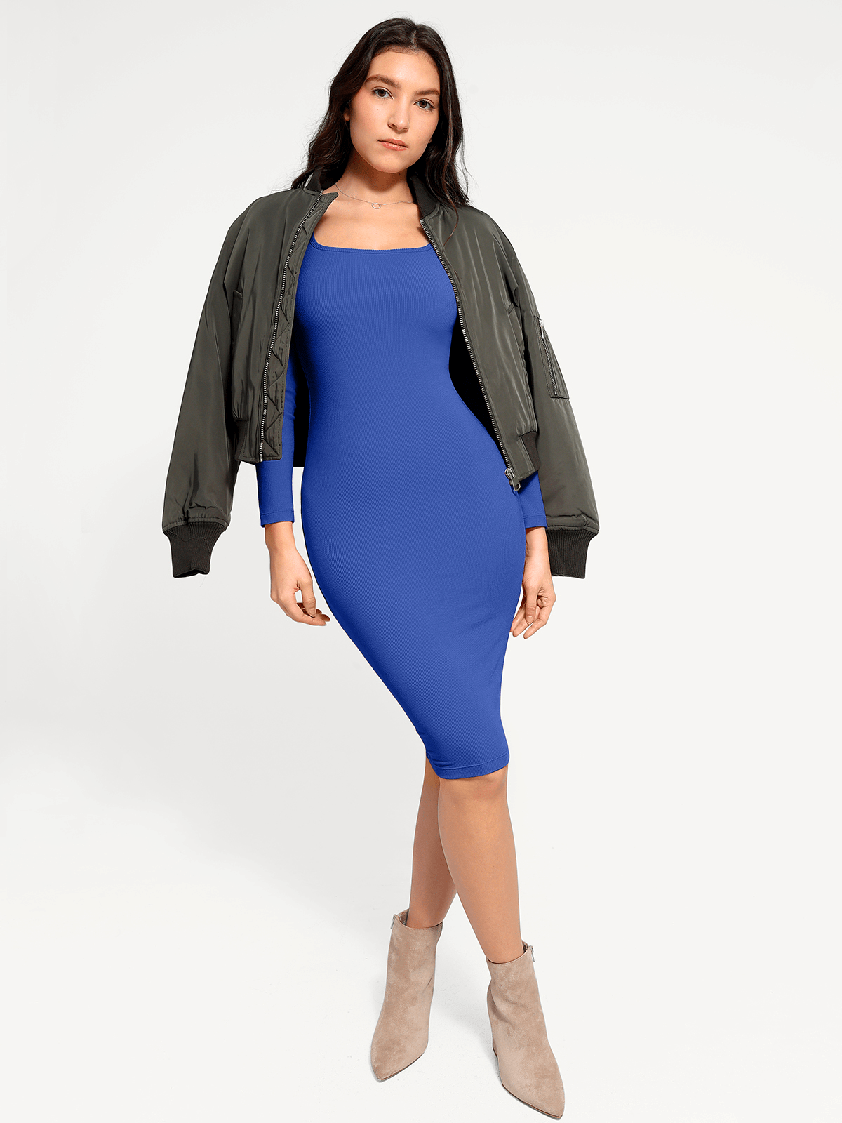 Shapewear Square Neck Long Sleeve Modal Slimming Midi Dress