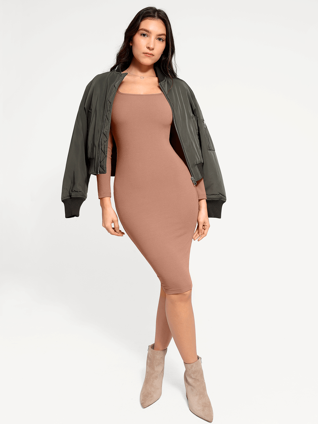 Shapewear Square Neck Long Sleeve Modal Slimming Midi Dress